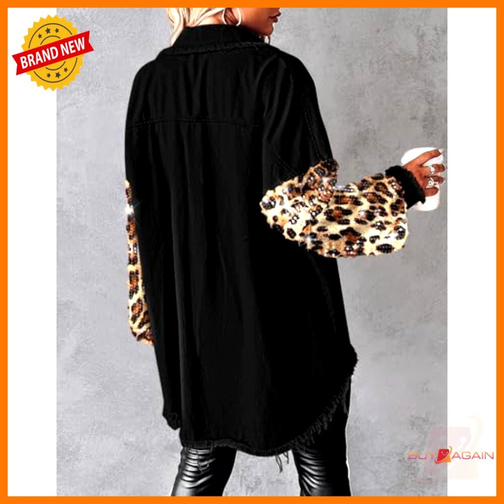 Oversized Denim Shacket Sequin Patchwork Long Sle… - image 2